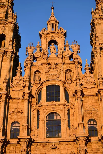 Santiago Compostela Spanyolország Katedrális Homlokzat Közelről Naplemente Fény Kék — Stock Fotó