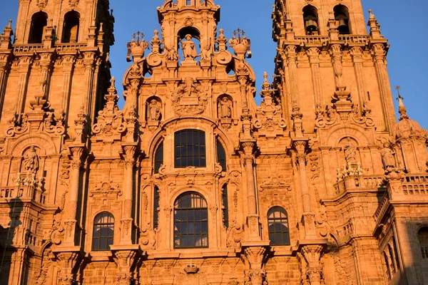 Santiago Compostela Ispanya Katedral Cephe Gün Batımı Işık Mavi Gökyüzü — Stok fotoğraf