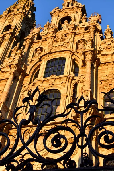 Santiago Compostela Spain Cathedral Facade Close Iron Fence Sunset Light — Stock Photo, Image
