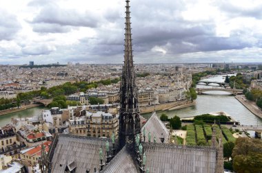 Notre Dame Spire, La Fleche ve kurşun yangından önce ahşap çatılar. Seine Nehri ve köprüler ile Cityscape. Paris, Fransa.