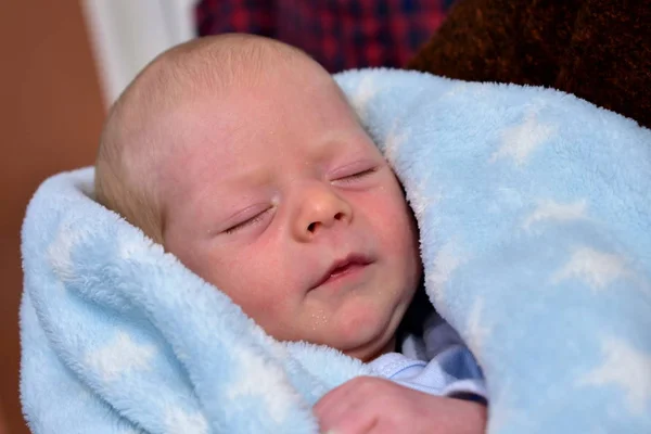 Newborn Baby Blue Blanket Blonde Boy — Stock Photo, Image