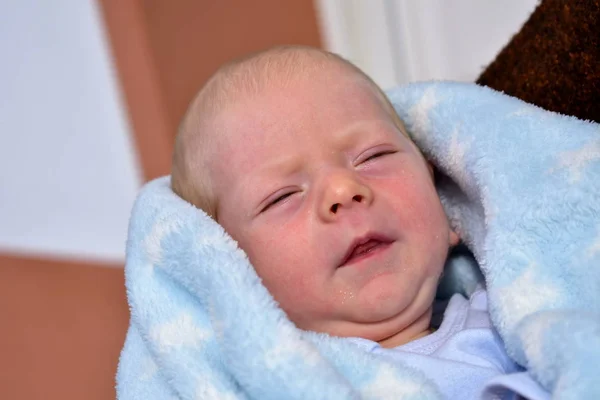 Newborn baby with a blue blanket. Blonde boy.
