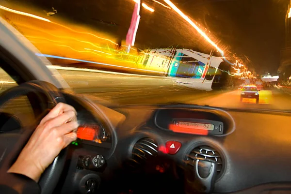 Motorist Hand Steering Wheel Drives Night City Road Suddenly Out — Stock Photo, Image
