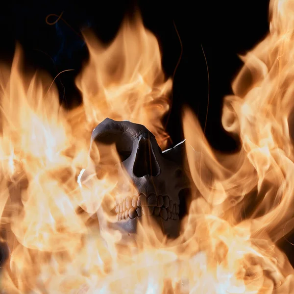 Broken human skull in flame on black background