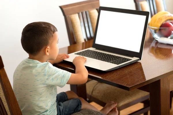 Seorang Anak Dan Laptopnya Pada Petualangan Mengejar Mimpi Online Dan — Stok Foto