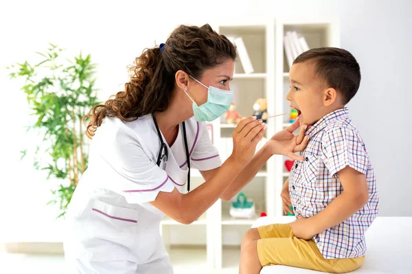 Well Trained Physician Checking Throat Kid Using Wooden Throat Stick — Stock Photo, Image
