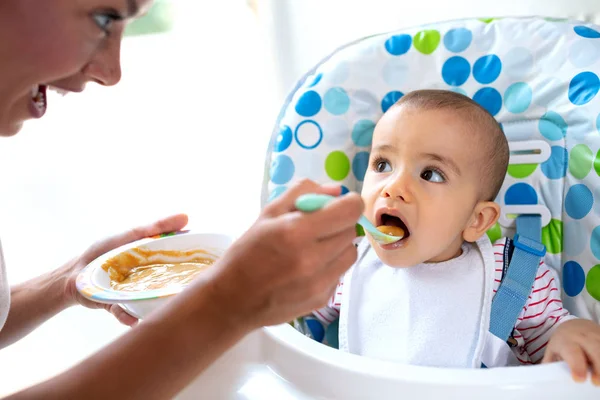 Cuidar Dos Pais Assumindo Responsabilidade Apresentar Seu Filho Alimentos Sólidos — Fotografia de Stock