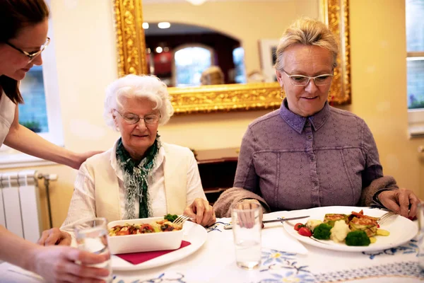 Részt Vesz Utasok Egy Idősek Otthonában Vacsora Ideje Alatt Szerető — Stock Fotó