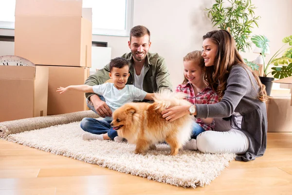 Family of four with their pet dog on the rug of the new apartmen — Stock Photo, Image