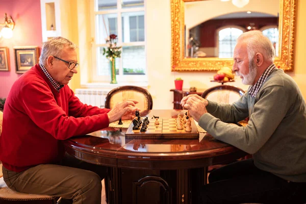 Dos Viejos Amigos Jugando Una Partida Ajedrez Mientras Están Sentados — Foto de Stock