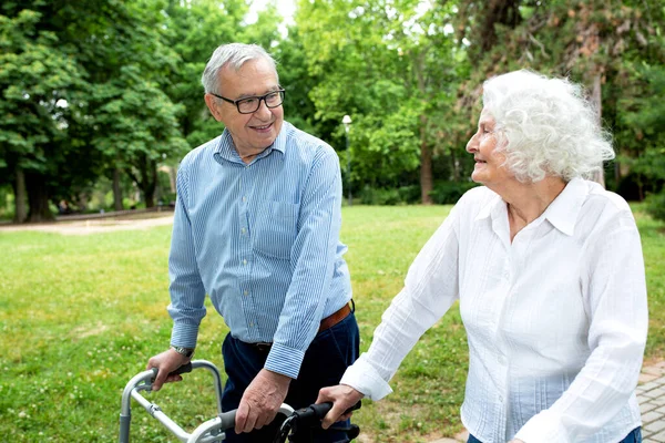 Senior Människor Promenader Och Njuta Vacker Dag Parken Med Hjälp — Stockfoto