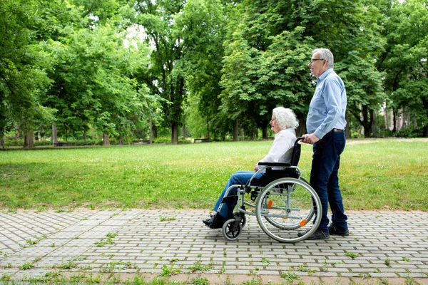 Idős Pár Gurul Sétál Parkban Kerekesszék Koncepció — Stock Fotó