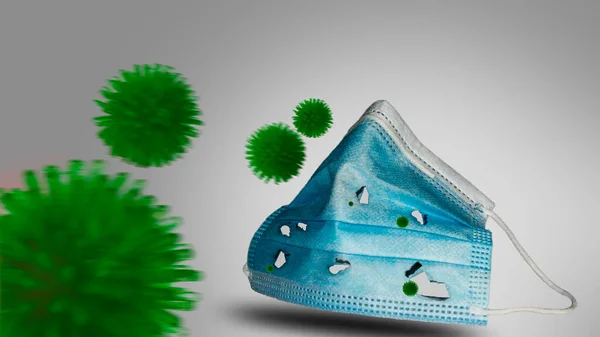 Coronavirus bir cerrahi maske konseptine saldırıyor. Gri arka plan, maskeyi delip geçen virüs..
