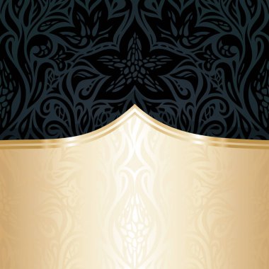 Dekoratif siyah çiçek lüks duvar kağıdı arka plan tasarımı ile altın kopya alanı