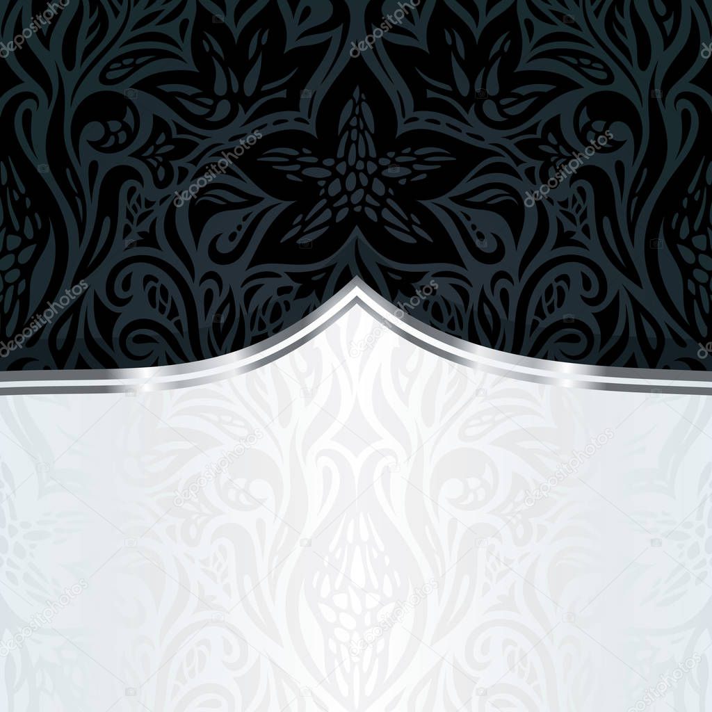Decorative black silver floral luxury wallpaper background design in vintage style with copy space