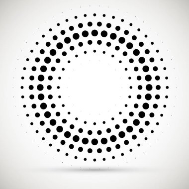 Yarım tonluk noktalı arka plan dolaştırılmış. Yarım ton etkisi vektör deseni. Beyaz arka planda izole edilmiş daire noktaları. Sınır logosu simgesi. Tasarımınız için taslak amblemi.