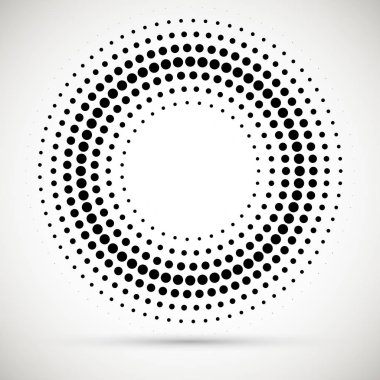 Yarım tonluk noktalı arka plan dolaştırılmış. Yarım ton etkisi vektör deseni. Beyaz arka planda izole edilmiş daire noktaları. Sınır logosu simgesi. Tasarımınız için taslak amblemi.