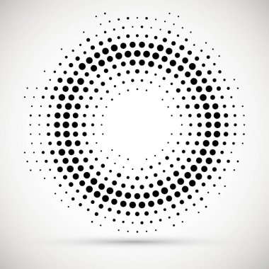 Yarım tonluk noktalı arka plan dolaştırılmış. Yarım ton etkisi vektör deseni. Beyaz arka planda izole edilmiş daire noktaları. Sınır logosu simgesi. Tasarımınız için taslak amblemi.