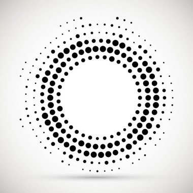 Yarım tonluk noktalı arka plan dolaştırılmış. Yarım ton etkisi vektör deseni. Beyaz arka planda izole edilmiş daire noktaları. Sınır logosu simgesi. Tasarımınız için taslak amblemi.