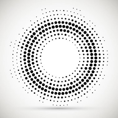 Yarım tonluk noktalı arka plan dolaştırılmış. Yarım ton etkisi vektör deseni. Beyaz arka planda izole edilmiş daire noktaları. Sınır logosu simgesi. Tasarımınız için taslak amblemi.