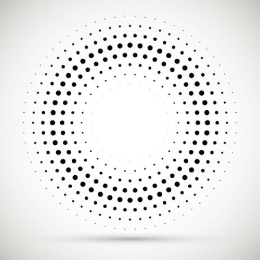 Yarı ton noktalı arka planda döngüsel olarak dağıtılır. Tasarım için Halftone efekti vektör deseni. Reklam için beyaz arka planda izole edilen daire noktaları