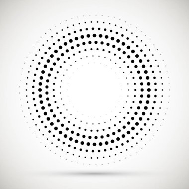 Yarı ton noktalı arka planda döngüsel olarak dağıtılır. Tasarım için Halftone efekti vektör deseni. Reklam için beyaz arka planda izole edilen daire noktaları.
