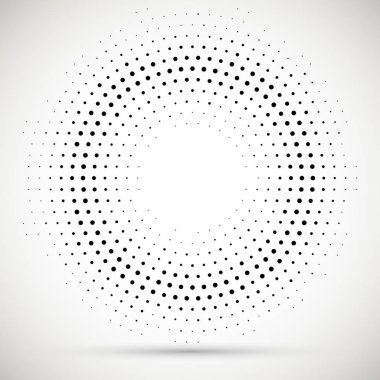 Siyah soyut vektör daire çerçeve yarı ton nokta Logo Amblem tasarım elemanı. Yuvarlatılmış kenarlık simgesi. İzole yarı ton daire noktalar vektör doku.
