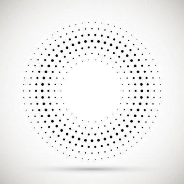 Siyah soyut vektör daire çerçeve yarı ton nokta Logo Amblem tasarım elemanı. Yuvarlatılmış kenarlık simgesi. İzole yarı ton daire noktalar vektör doku.