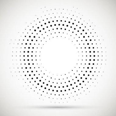 Siyah soyut vektör daire çerçeve yarı ton nokta Logo Amblem tasarım elemanı. Yuvarlatılmış kenarlık simgesi. İzole yarı ton daire noktalar vektör doku.