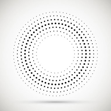 Siyah soyut vektör daire çerçeve yarı ton nokta Logo Amblem tasarım elemanı. Yuvarlatılmış kenarlık simgesi. İzole yarı ton daire noktalar vektör doku.