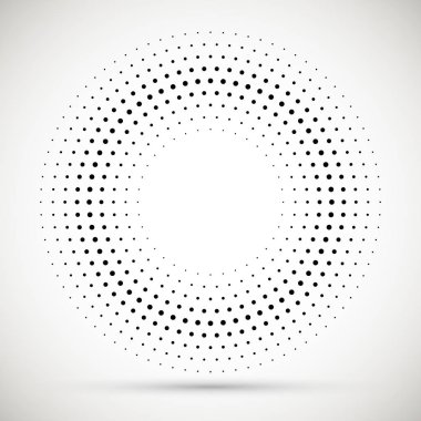 Siyah soyut vektör daire çerçeve yarı ton nokta Logo Amblem tasarım elemanı. Yuvarlatılmış kenarlık simgesi. İzole yarı ton daire noktalar vektör doku.