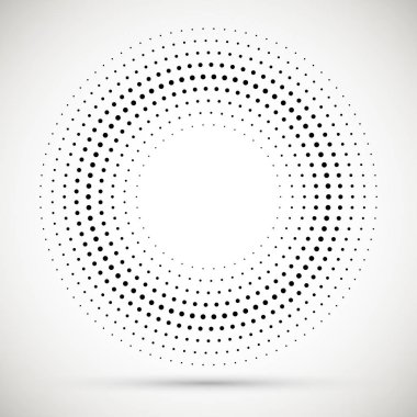 Siyah soyut vektör daire çerçeve yarı ton nokta Logo Amblem tasarım elemanı. Yuvarlatılmış kenarlık simgesi. İzole yarı ton daire noktalar vektör doku.