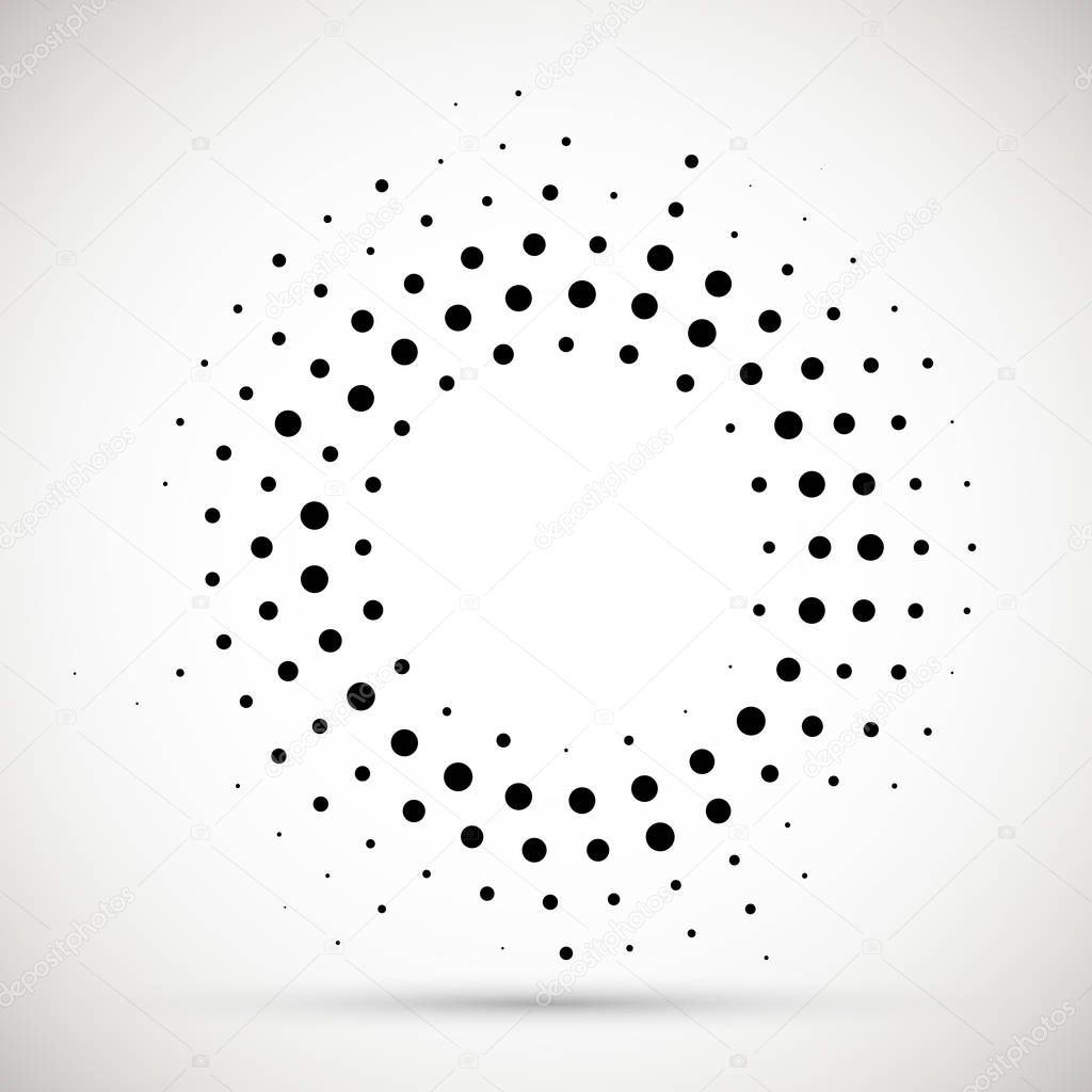 Halftone dotted background circularly distributed. Halftone effect vector pattern for your design. Circle dots isolated on the white background for advertisement.