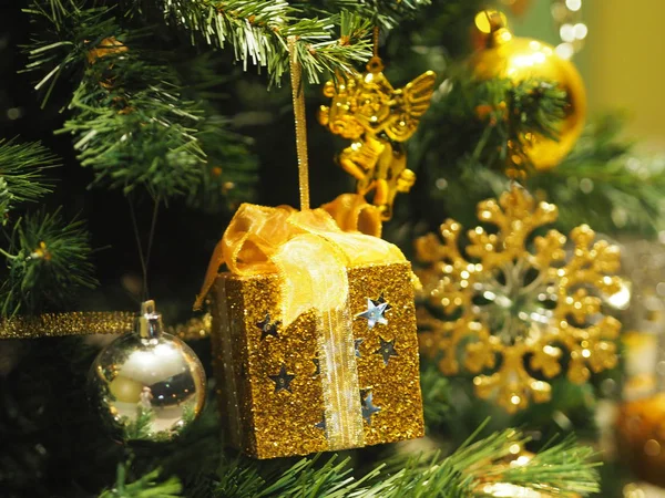 Feliz Natal Trimmings Decoração Caixa Presente Bolas Coloridas Sino Globo — Fotografia de Stock