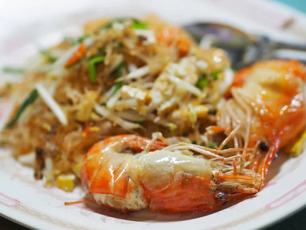 Pad Thai Spån Med Färska Räkor Läckra — Stockfoto