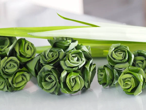 Hojas Verdes Rosa Hecha Mano Sobre Fondo Blanco —  Fotos de Stock