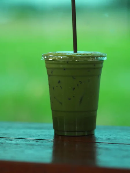 Matcha Chá Verde Colocar Gelo Leite Copos Plástico Definido Uma — Fotografia de Stock