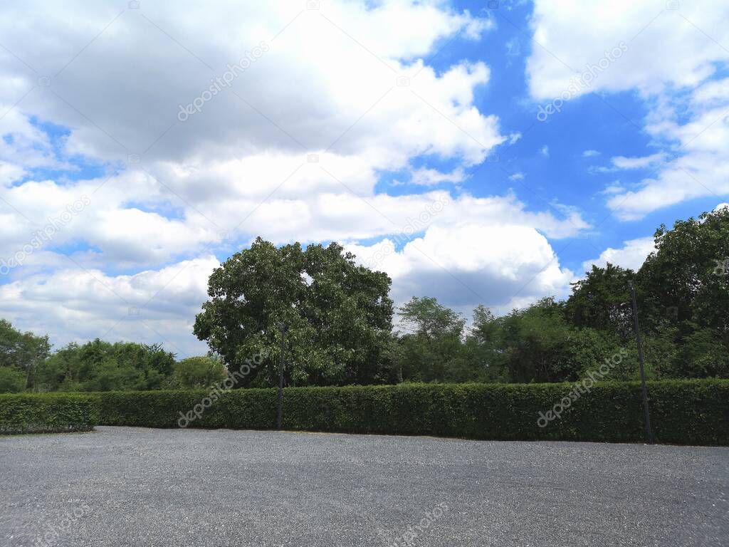 Parking lot sprinkled with gravel on tree bush nature background sky and cloud