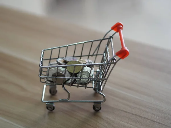 Coins Money Mini Model Cart Supermarket Wooden Desk — Stock Photo, Image