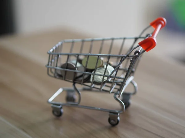 Coins Money Mini Model Cart Supermarket Wooden Desk — Stock Photo, Image