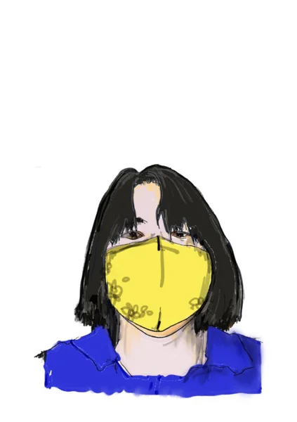 Zeichnen Sie Cartoon Einer Frau Mit Gesichtsmaske Sicherheitsabstand Schützen Coronavirus — Stockfoto