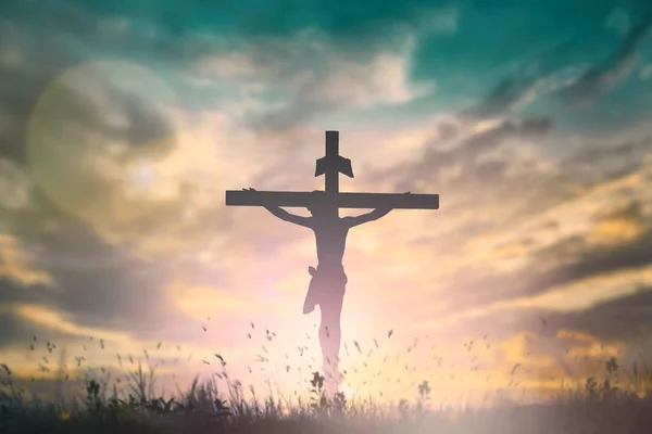 Silhouette Jesus Cross Sunset Concept Religion Worship Christmas Easter Day — Stock Photo, Image