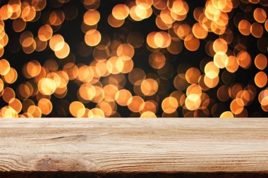 Perspektif ahşap zemin kahverengi renk doku ile bulanıklık güzel bokeh arka plan kavramı ürün montaj mockup için düzenli Noel.
