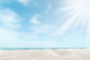 Kum zemin üzerinde bulanıklık yaz plaj deniz arka plan kavramı mockup ürün afiş, dünya çevre günü, mutlu tatil için odak