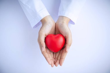 Kadın doktor elleri beyaz arka planda kırmızı kalbi tutuyor. 