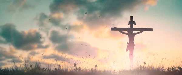 Silhouette Jesus Christ Crucifix Korset Kalvariet Solnedgång Bakgrund Koncept För — Stockfoto