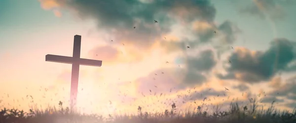Силуэт Иисуса Христа Распятия Кресте Голгофе Закат Концепции Фона Добрую — стоковое фото