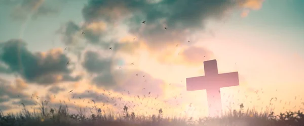 Silhouette Jesus Christ Crucifix Cross Calvary Sunset Background Concept Good — Stock Photo, Image