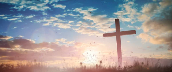Silhouette Jesus Christ Crucifix Cross Calvary Sunset Background Concept Good — Stock Photo, Image