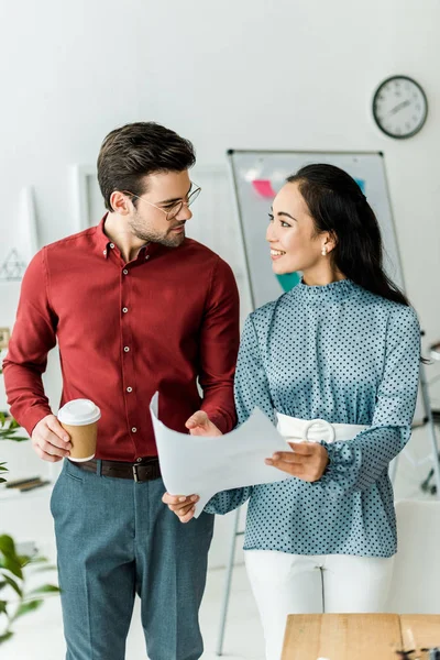 Smiling Multicultural Couple Architects Working Blueprint Office — Stock Photo, Image